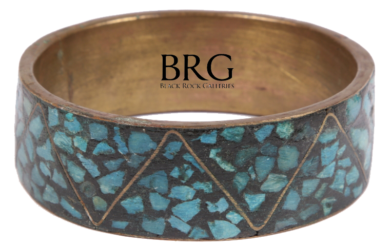 Superb Example C1950 Turkish Brass And Turquoise Mosaic Bangle Bracelet